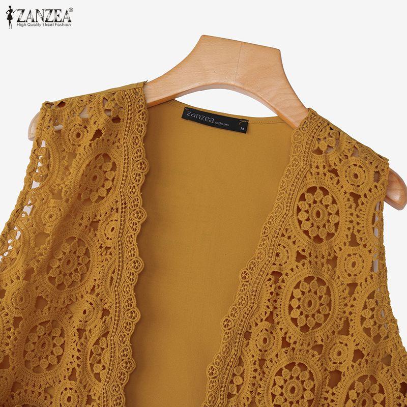 ZANZEA Women Casual Lace Patchwork Sleeveless Cardigan Vest