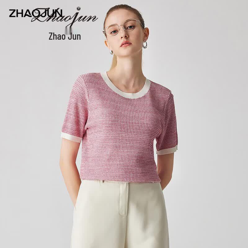 Zhaojun Women's Mulberry Silk Blend Color-Block Knit T-Shirt