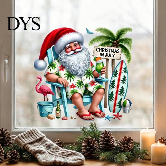 Outdoor Holiday Store Window Art Summer Christmas Static Cling, Beach Santa Claus Glass Sticker, Large Floor to Ceiling Decor Waterproof PVC