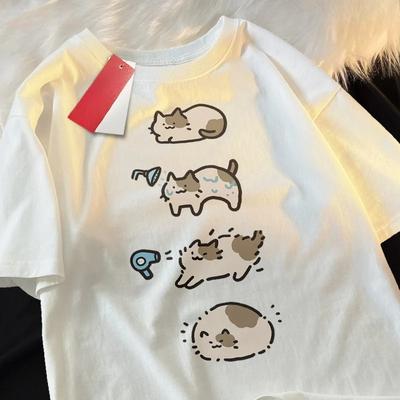 Bathing Cat Cute Cartoon Short Sleeved T-shirt for Women Casual Loose Summer Breathable Hair Dryer Pure Couple Tshirt Fashion