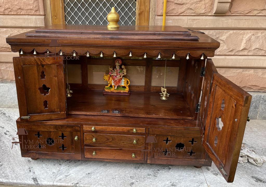 Wood Wall Mandir Temple | Home Decor Religion Temple Idol-Wood Mandir with Bells and Storage  Traditional Home Temple Design for Prayer
