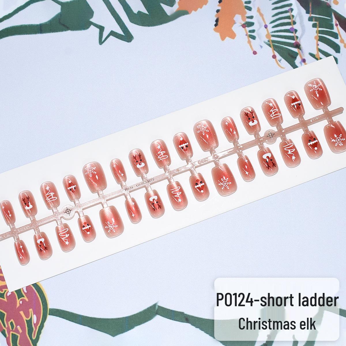 

P0124 - Christmas Blush Cat Eye Press-On Nails: 30-Piece Holiday Set with Reindeer and Snowflake Designs.