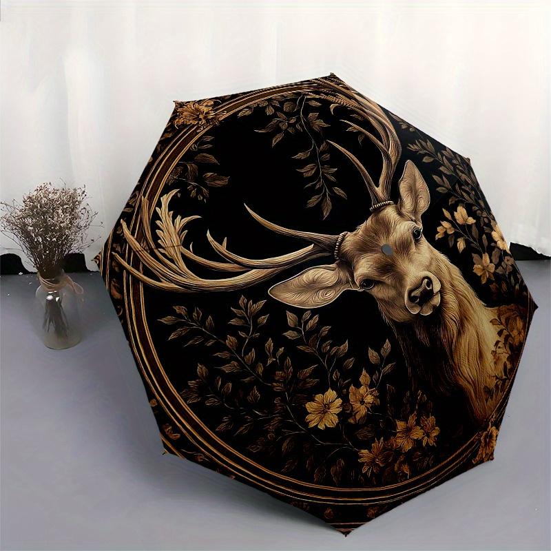 Elegant Deer Wall Decor: Nature's Majestyin Gold & BlackUmbrella, Portable 3-Fold Compact Umbrella for Men & Women Gift