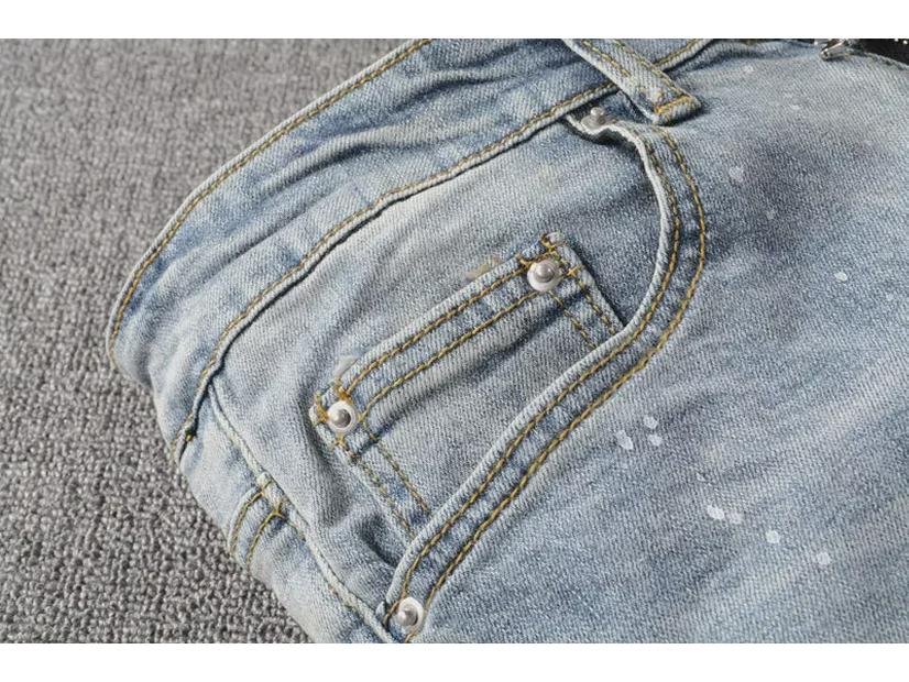 Pánské světle modré roztrhané skinny džíny s diamantovými nášivkami