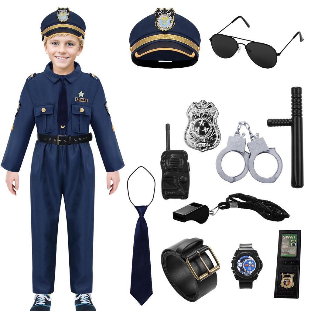 Police Costume for Police Officer Uniform Halloween Policeman Kids Tops Pants Hat Sunglasses Belt Tie Toy Baton Handcuffs Walkie Talkie Police