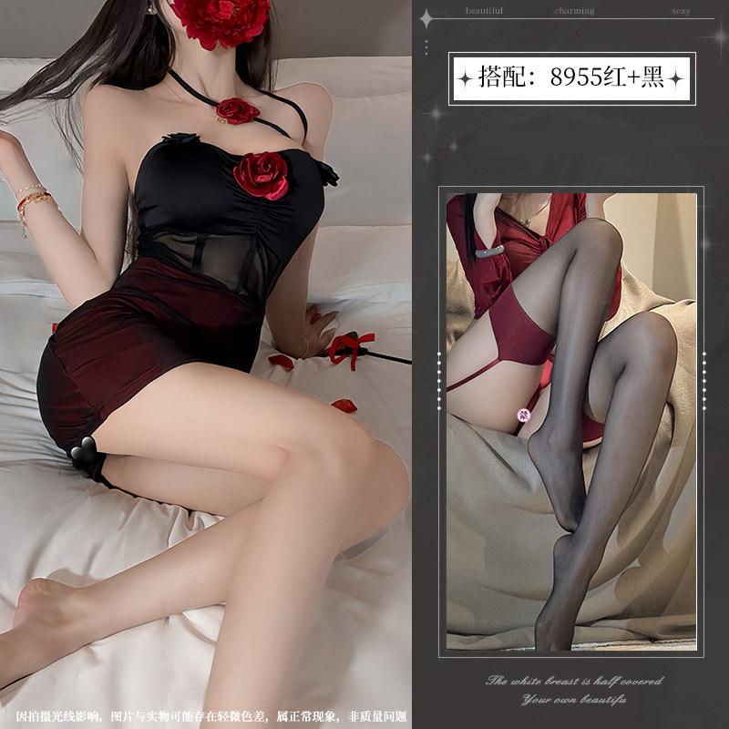 Dark Wind Spice Girl Perspective Mesh Three-dimensional Rose Neck Sex Underwear Sexy Backless Slim Dress