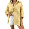 2025 spring and autumn European and American women's clothing loose polo collar striped holiday shirt fashion button women's T-shirt top