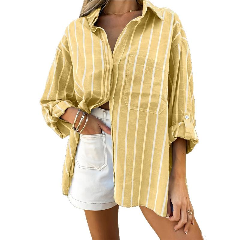 2025 spring and autumn European and American women's clothing loose polo collar striped holiday shirt fashion button women's T-shirt top