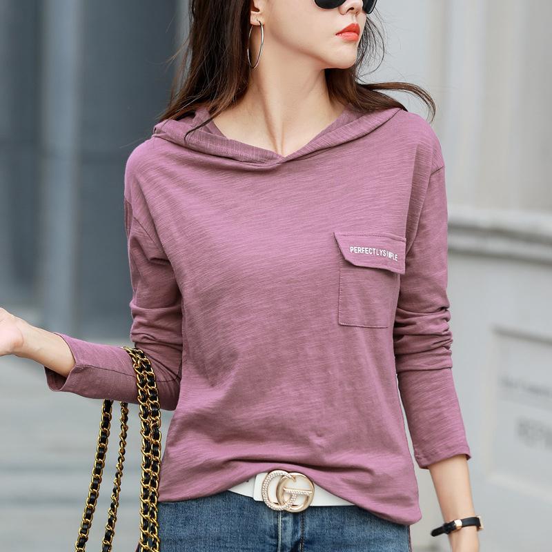 2026 Spring and Autumn Women's Pure Cotton Loose Hooded Long Sleeve T-Shirt, Comfortable Casual Top