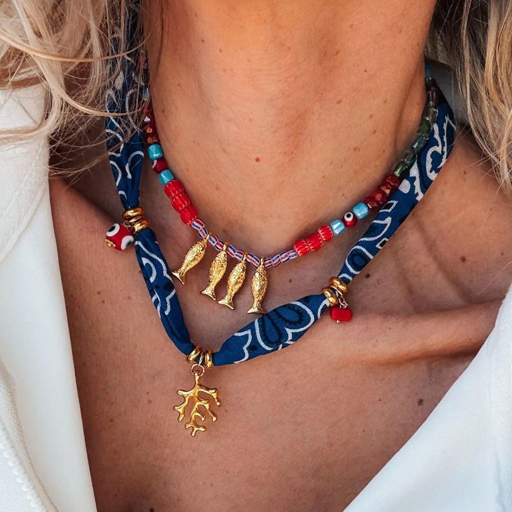 Bohemian Cloth Wrap Scarf Necklace Stainless Steel Charm Pendant New Beach Jewelry