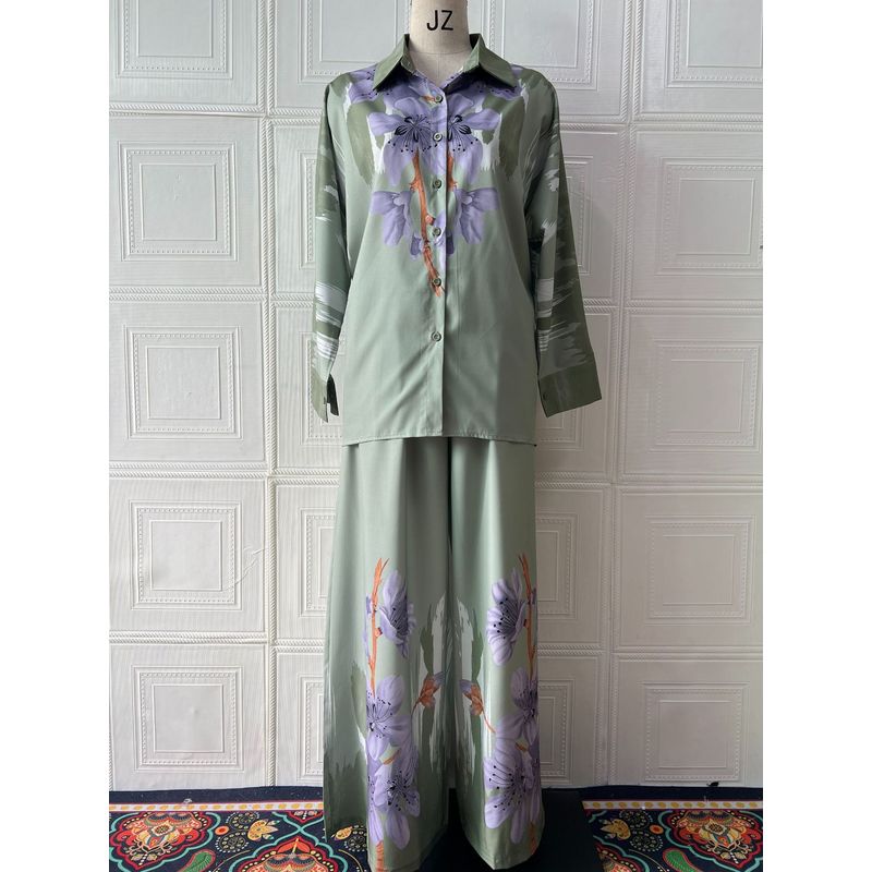 2025 European and American Summer New Ink Painting Positioning Print Long Sleeve Top Wide Leg Pants Fashion Two-piece Set