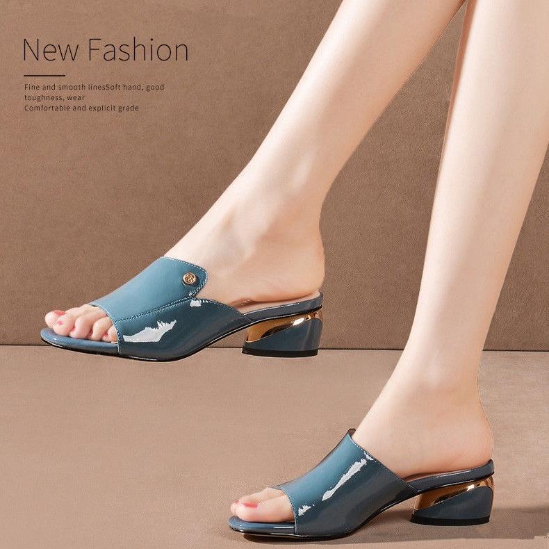 Fashion Fashion High-quality Women's Slippers Coarse Heel 2025New Women's Shoes Soft Leather Cool Slippers for Outer Wear Heeled Sandals