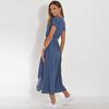 Women Summer High Waist A Line Dress Ethnic Printed Short Sleeve Lace Up