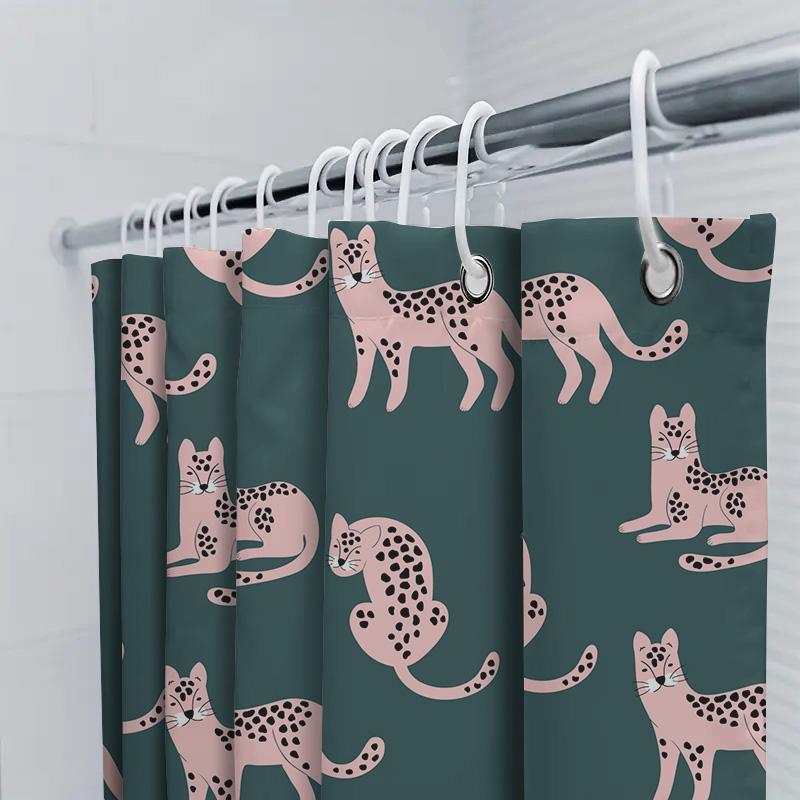 Pink Leopard Print Shower Curtain Set for Bathroom Decor Modern Green Background with Black Spots Cat Design Pattern Cover with