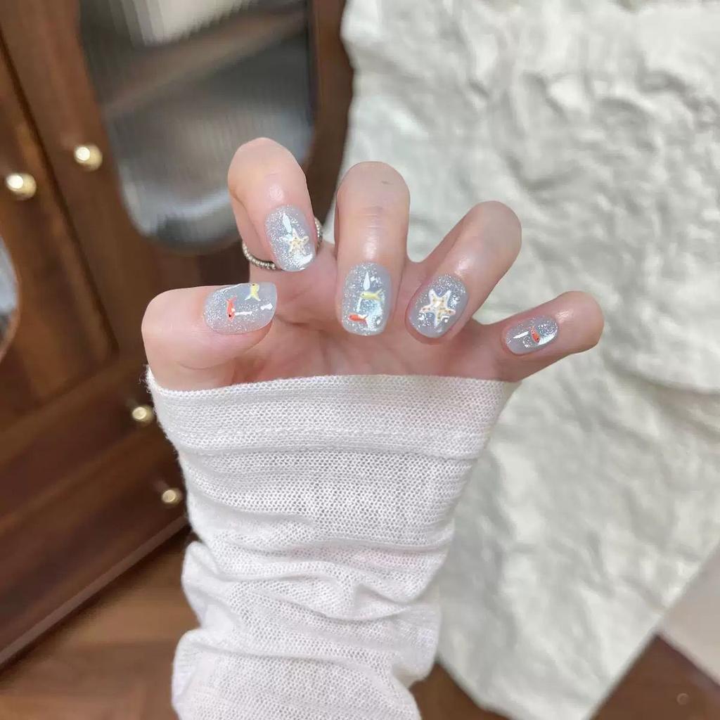 10Pcs Short Square Blue Glitter Cat Eye Ocean Starfish Fish Design Reusable Press On Nails For Women