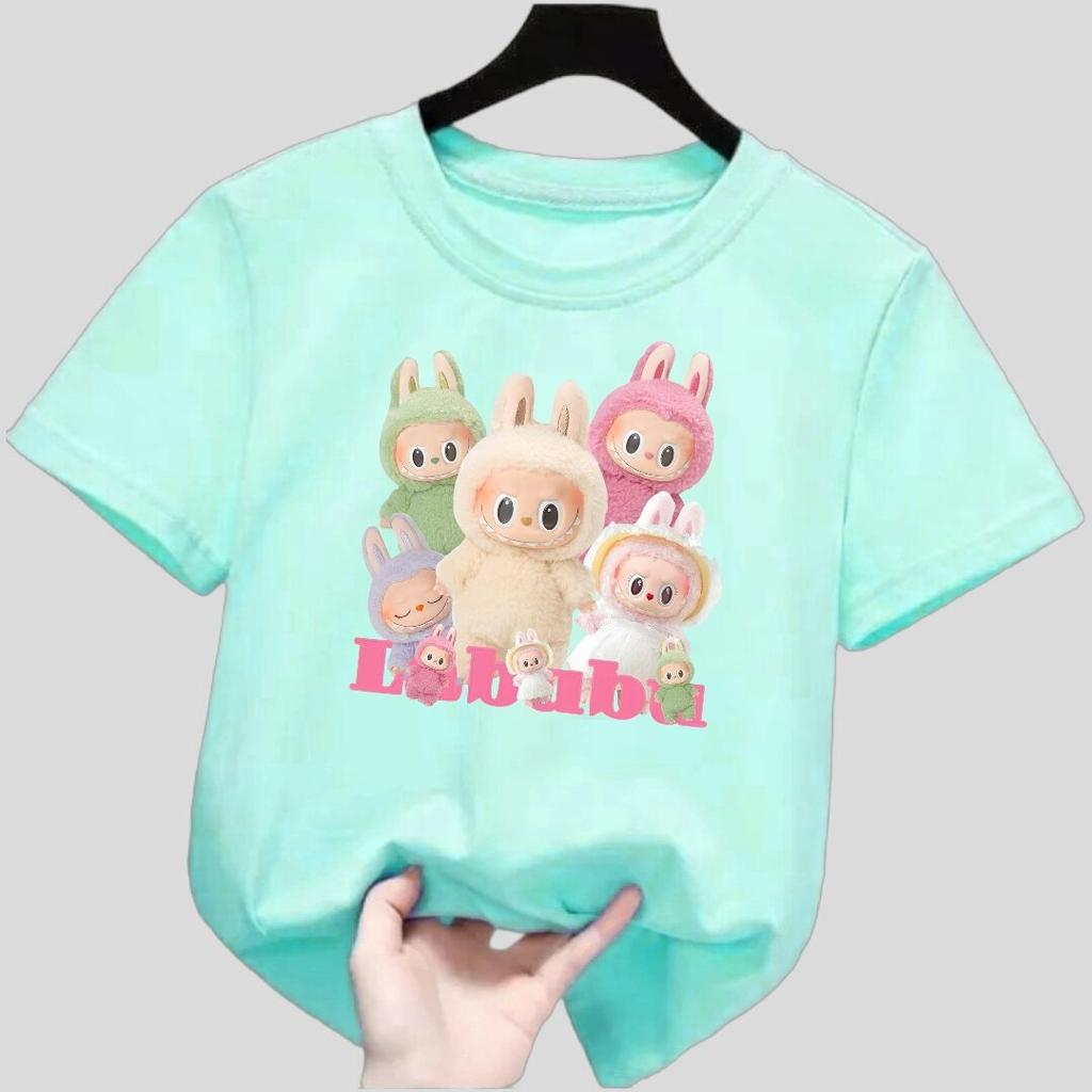 New Labubu Children's T-shirt with Multiple LABUBU Patterns Round Neck Short Sleeved Casual Versatile Girls' Top