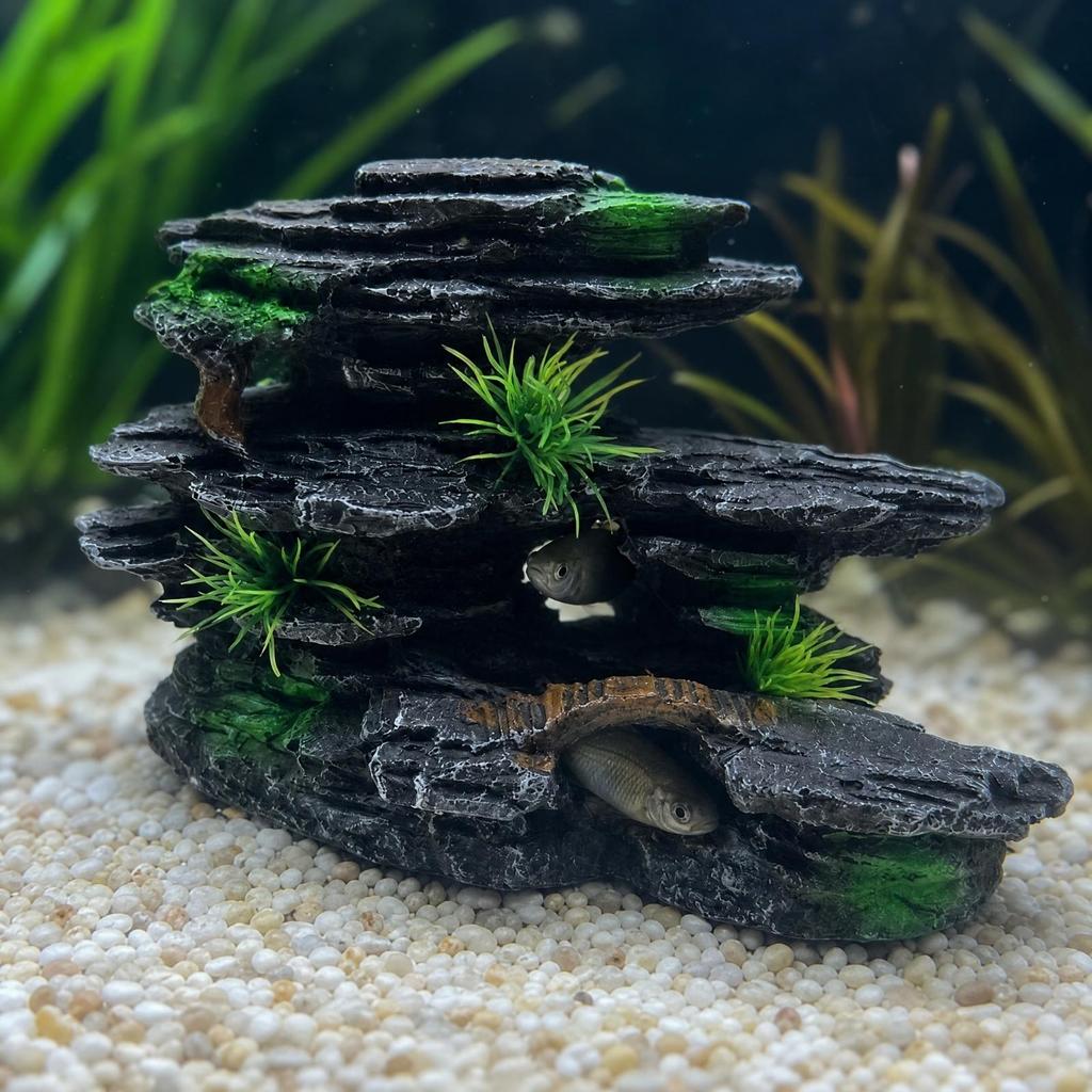 Resin Rock Aquarium Ornament Layered Cave Hideout with Artificial Plants