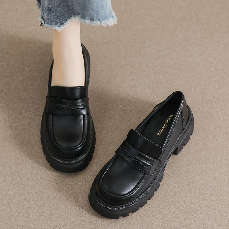 Mode 2024 Frühling Neue Damen Lederschuhe Britischer Stil Schwarz Riemchen Hohe Absätze Damen Freizeit Slipper Arbeit und Party41-43