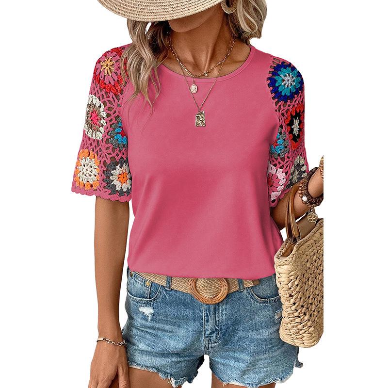 

Shiying Women s Summer Crochet Crew Neck Short-Sleeve Casual Pullover Top L рожевий червоний колір