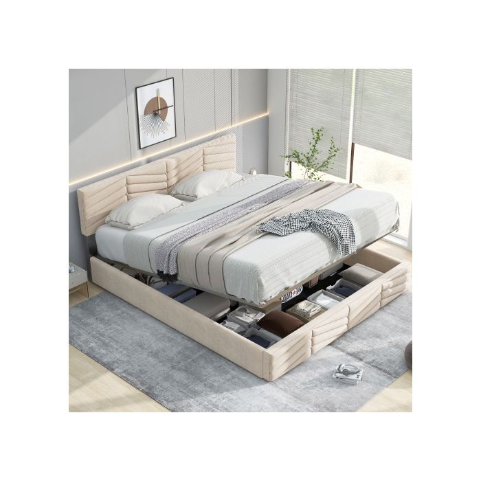 Lit capitonné - MUVOE - 140x200 cm - Tête de lit réglable - Velours beige - 2 places