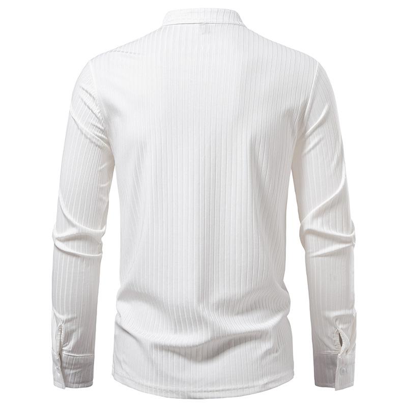 Men's Lace-Up Stand Collar Striped Shirt Long Sleeve Casual Top for Men Spring Autumn Fashion Multi-Color Textured Male Blouse