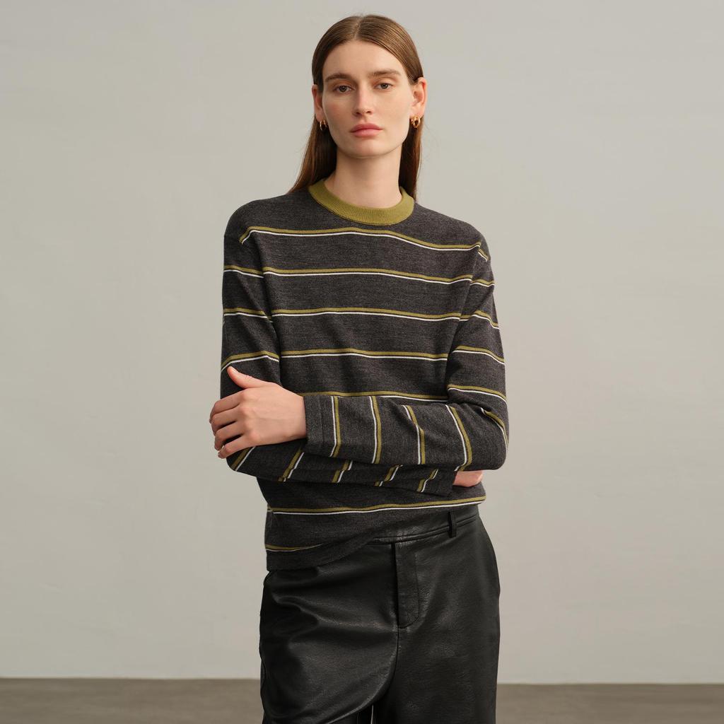 Women's 100% Pure Wool Retro Stripe Long Sleeve Sweater