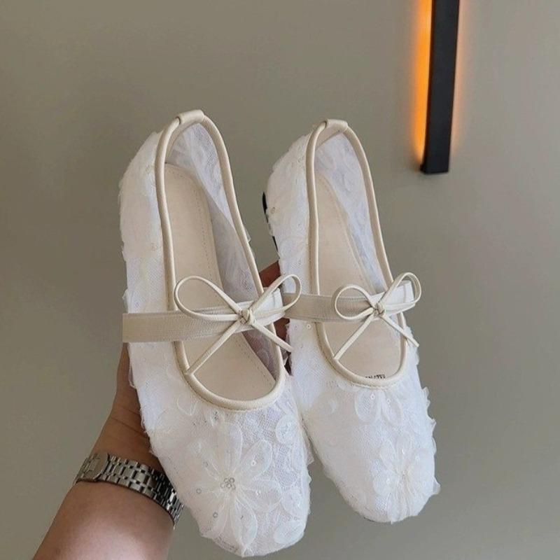 Fashion Square Toe Lace Mesh Bow Mary Jane Shoes Women's Summer New Breathable Slip Strap Soft Sole Non-Slip Flat Single Shoes