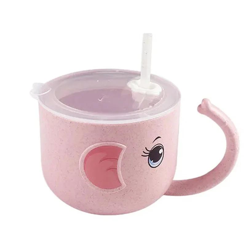 Baby Silicone Sippy Cup Leakproof Cartoon Straw Handle Wheat-Straw Drinking Bottle for Kids Infant Children Drinkware