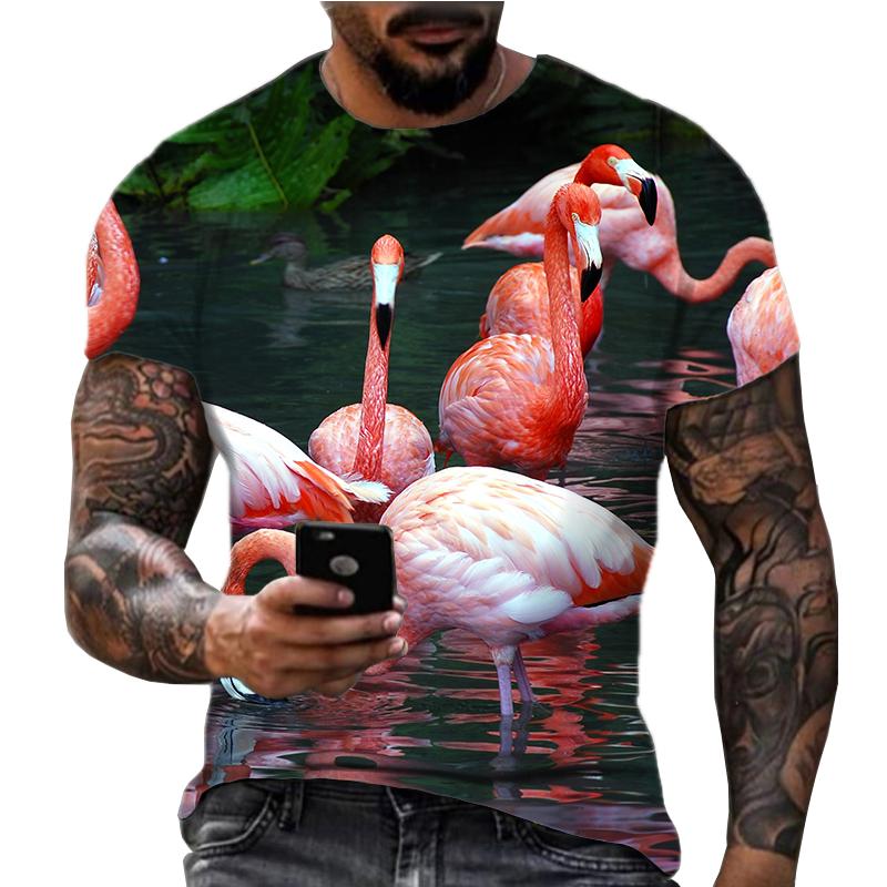 Summer New Flamingo 3D Digital Printed Top Short Sleeve Popular Trend American Fitness Round Neck Loose Men's T-shirt