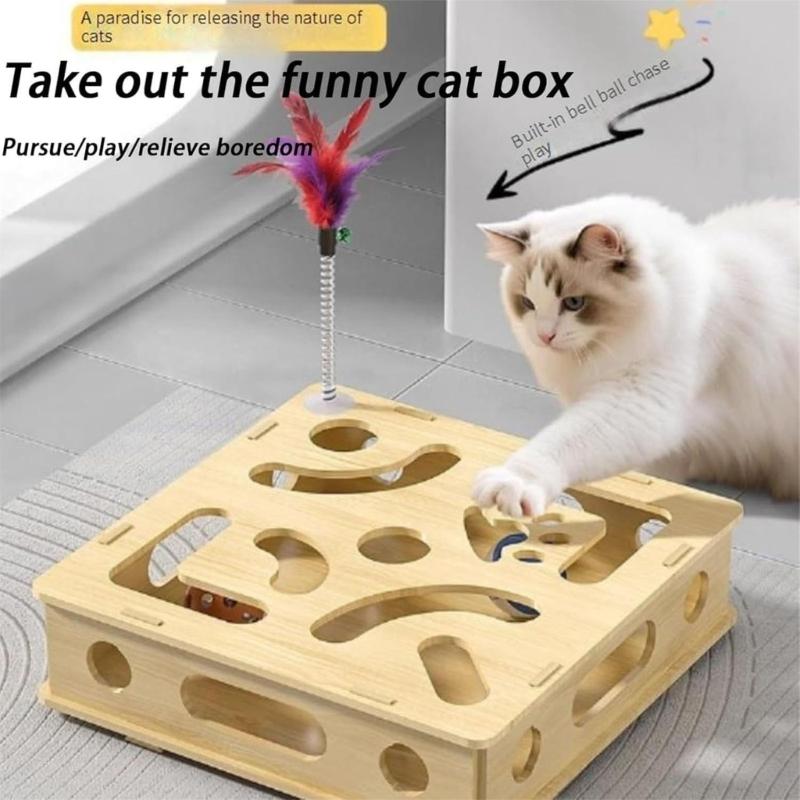 Stable Interactively Wooden Cats Scratching Toy Puzzle Mazes and Bells Ball for Engaging Playing and Natural Claws Care