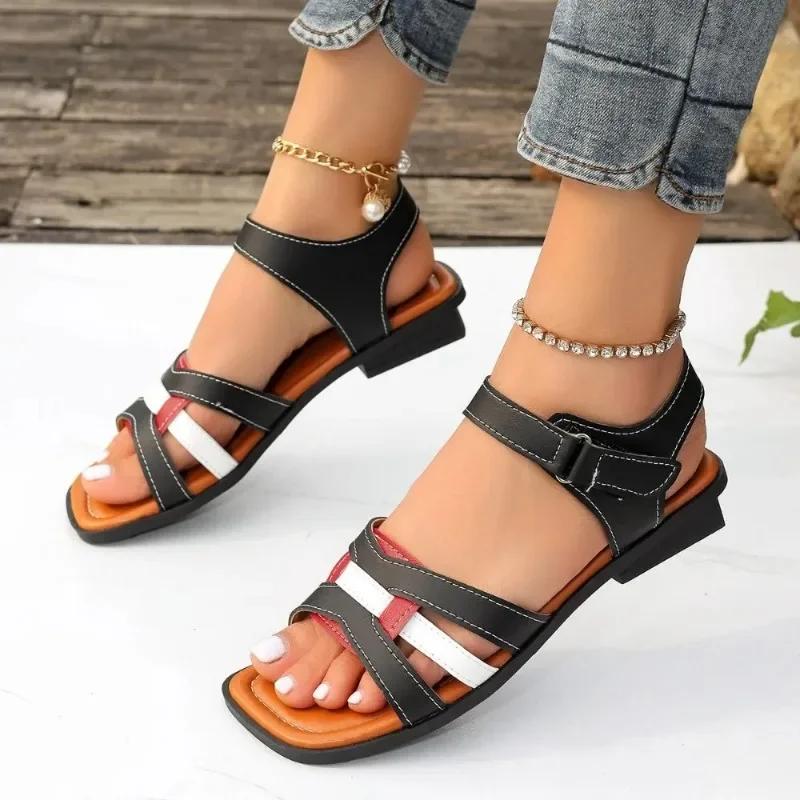fashion Summer Women's Square Toe Heeled Sandals New Fashion Ankle Strap Casual Sandals for Women Outdoor Ladies Beach Shoes Plus Size