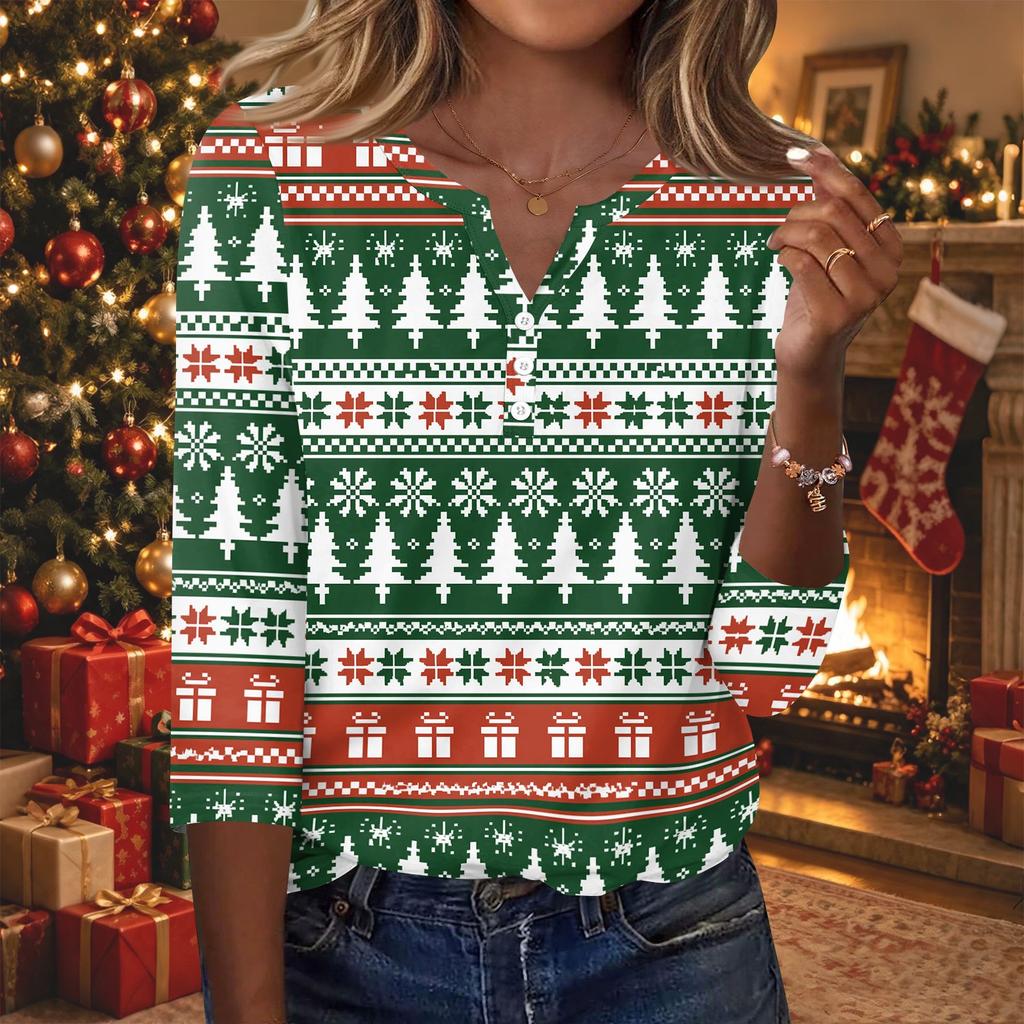 Women's Casual Christmas Print V-Neck Button-Front Three-Quarter Sleeve T-Shirt Top
