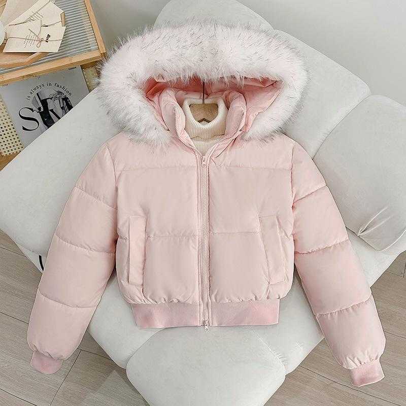 American retro winter new cotton coat women's fur collar hooded waist thin small cotton coat short thickened