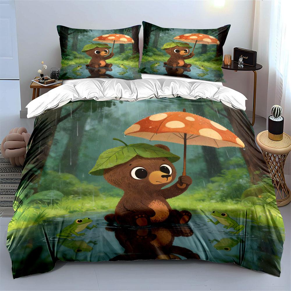 Rainy Forest Bear Decor Set Soft Comfortable Duvet Cover Bedding Set Included 1*Duvet Cover & 2*Pillowcases, Gift