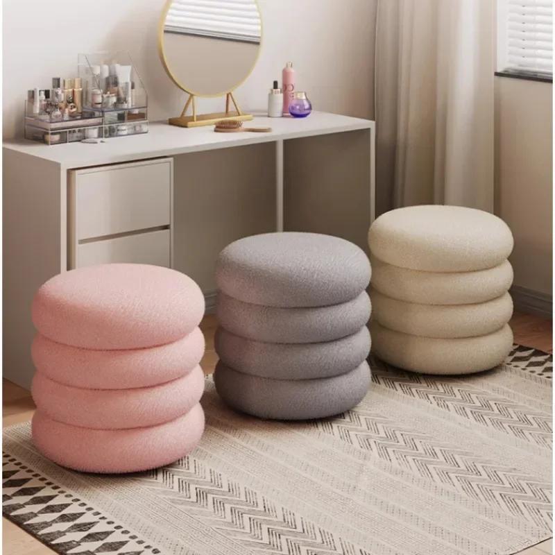 Creamy Household Stool Girls' Makeup Seat Bedroom Vanity Chair Soft Lamb Wool Pouf Minimalist Manicure Round Ottoman