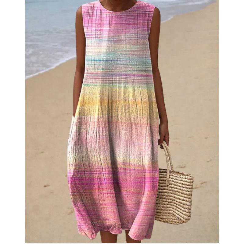 Summer new sleeveless pocket casual printing temperament long dress dress slim dress