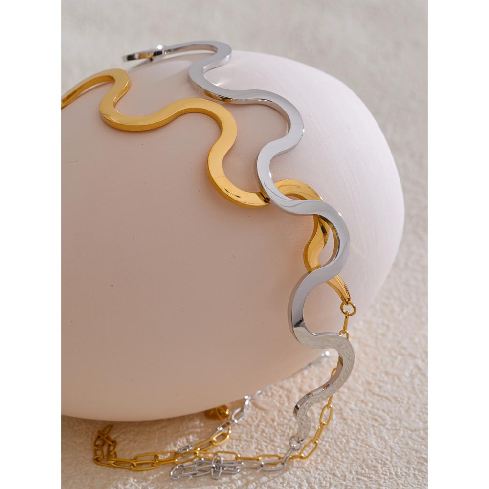 Yhpup Fashion Stainless Steel Wave Choker Necklace 18K Gold Color PVD Plated Popular Metal Distinctive Personality Jewelry