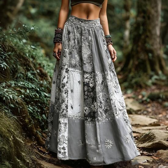 Maxirock Hoher Bund 3D Blumendruck Weiter Saum Langer Rock Böhmischer Stil Sommer Schlankmachender Rock Arbeit Freizeit Alltag