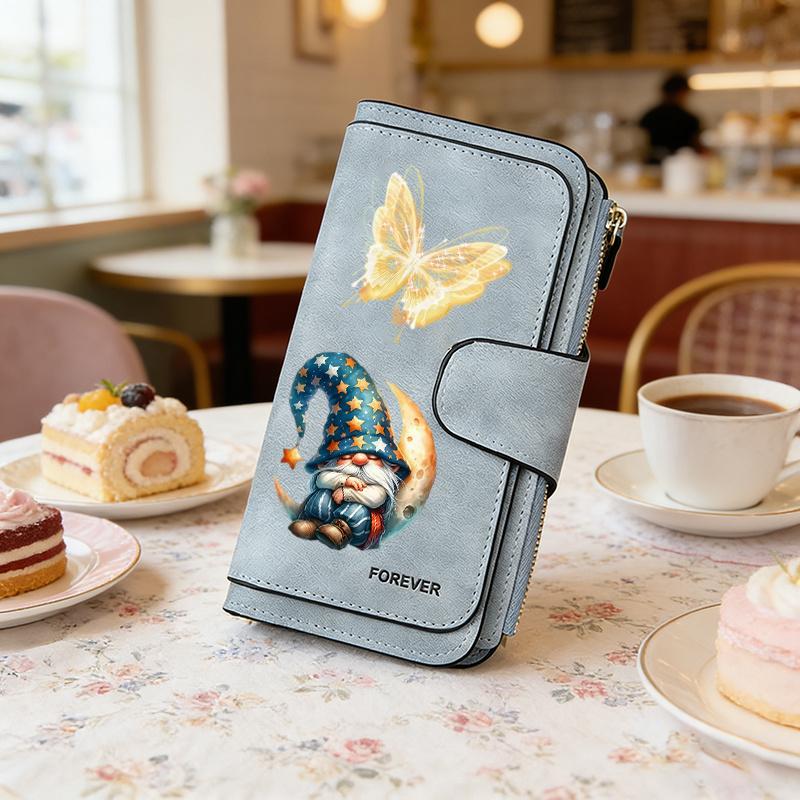 Dwarf & Butterfly Women's Long Wallet Tri - fold Card Holder Multi - slot Storage Printed Zipper Wallet for Cash ID Credit Card Daily Items Gift