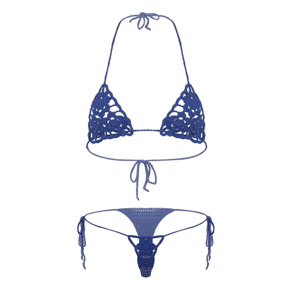 Damen Blumig Handgehäkelt Häkeln Dessous Bikini Set Ausgeschnitten Zweiteilig Badeanzug