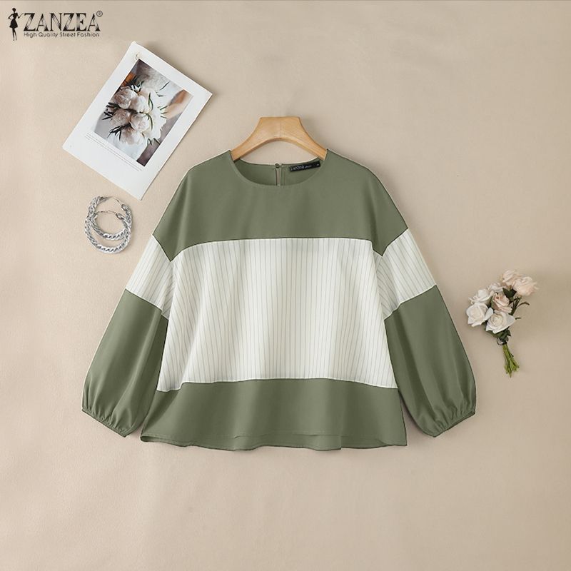 ZANZEA Women Casual Round Neck Loose Stripe Patchwork 3/4 Sleeve Blouse