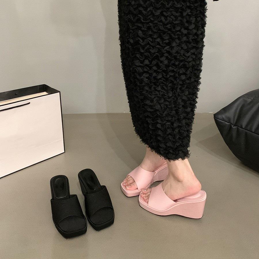 Pink high heels one-word cool slippers fairy shoes wear new wedge heel temperament sandals