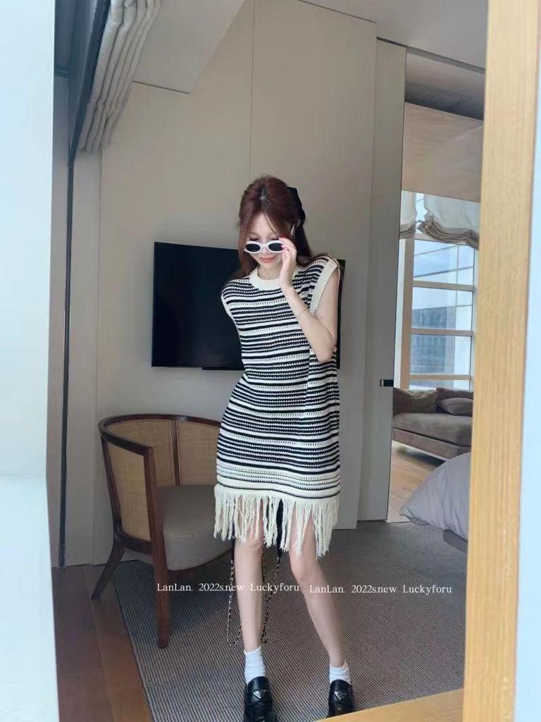 Summer 2025 Striped Sleeveless Knit Tassel Dress for Women