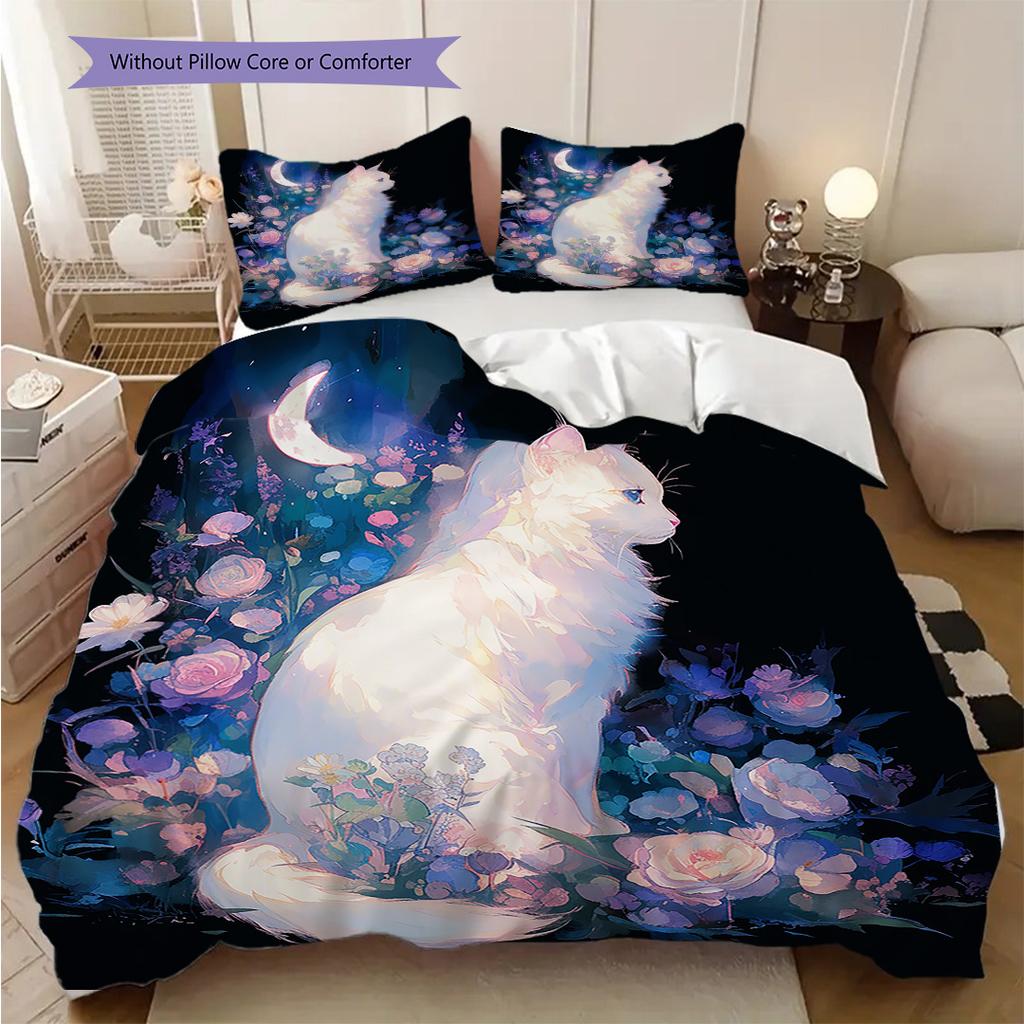 White Cat Pattern Bedding Quilt Set Quilt Cover Pillowcase Home Decoration Birthday Gift (1 * duvet cover + 2 * pillowcase, without core)