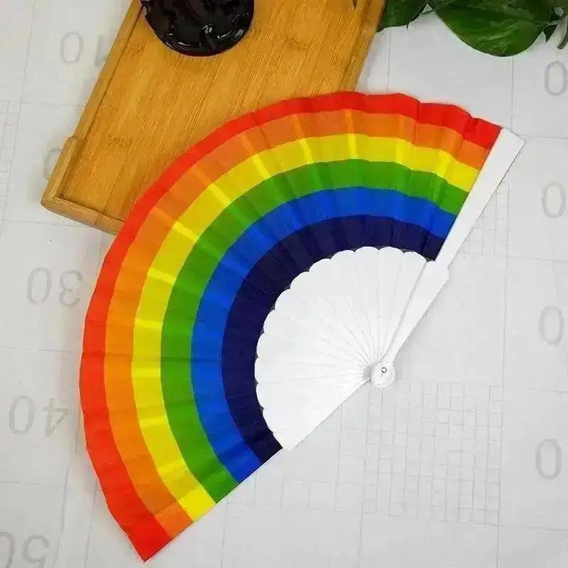 Plastic Hand Crank Fan Foldable Pretty Style Rainbow Silk Fabric Pocket Fans Crafts Party Personality Dance Decoration Home