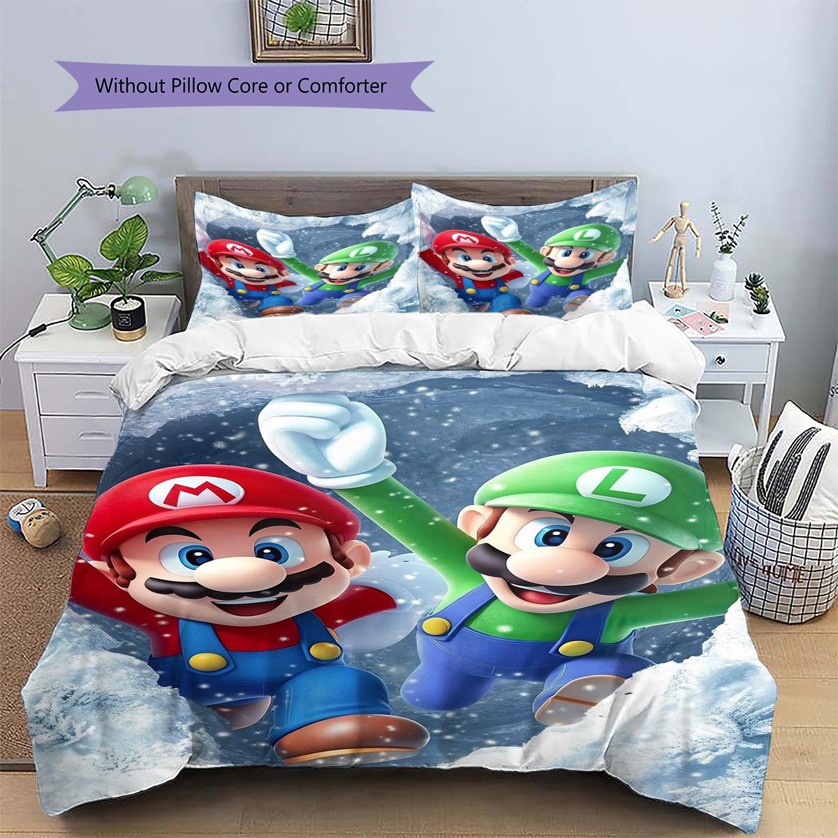 Mario Patterned Pillowcase & Duvet Cover Set Anime Scene Printed Bedding for Bedroom for Fans.-TING 135x200cm