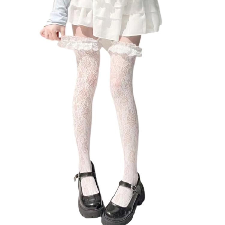 Thigh Highs Stockings with Ruffle Trim Women Flower Lace Fishnet Over Knee Socks белый