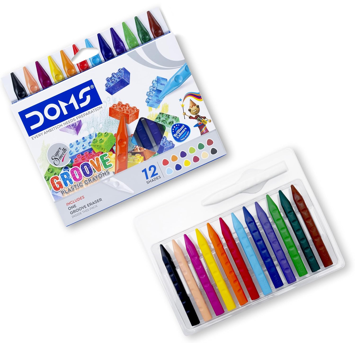 

Doms Non Toxic Groove Plastic Crayons 12 Assorted Shades with Eraser & Jumbo Sharpener Free Pack of 1 Kids Art Supplies