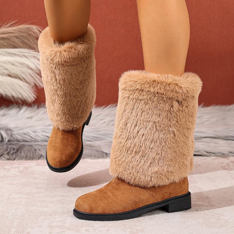 Women's Furry Patchwork Chunky-Heel Round-Toe Western Cowboy High Boots, European Style, Available In Large Sizes.