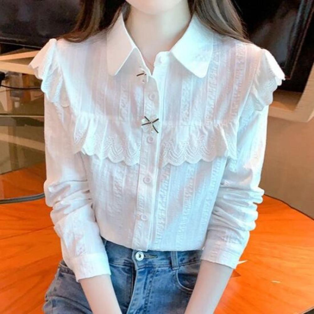 Navava Women Lovely Lace Point Ribbon Long Sleeve Shirt Nb3063
